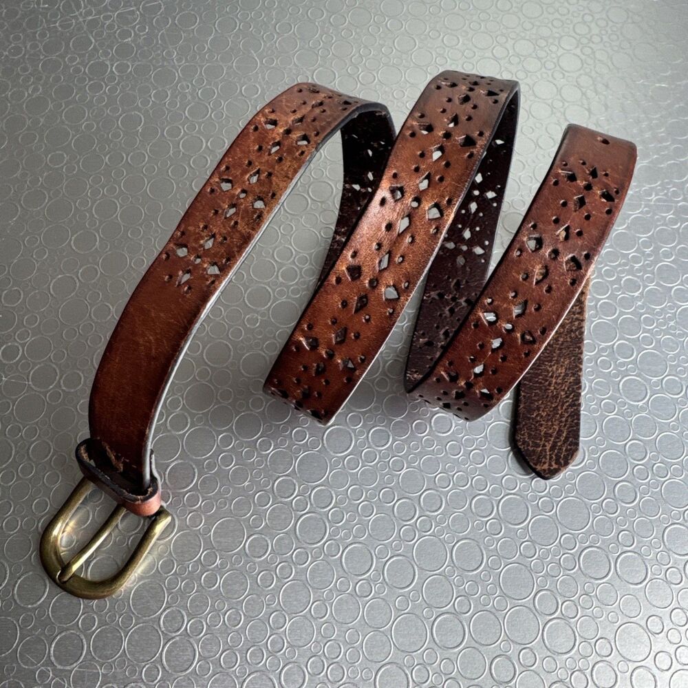 Vintage Brown Leather Skinny Belt Geometric Diamond Cutout Artisan - Size M